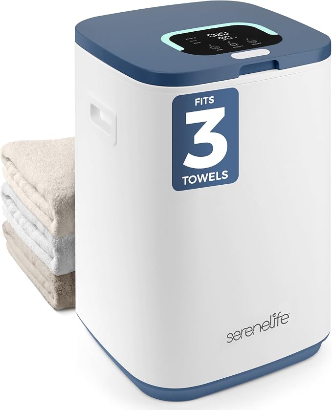 SereneLife Towel Warmer Bucket - Compact 23L Bathroom Towel Heater w/Essential Oils Disc Holder, Adjustable Timer, Auto Shut-Off, Power Cord Storage & LED Display, Fits 2 Oversized Towels (Blue)