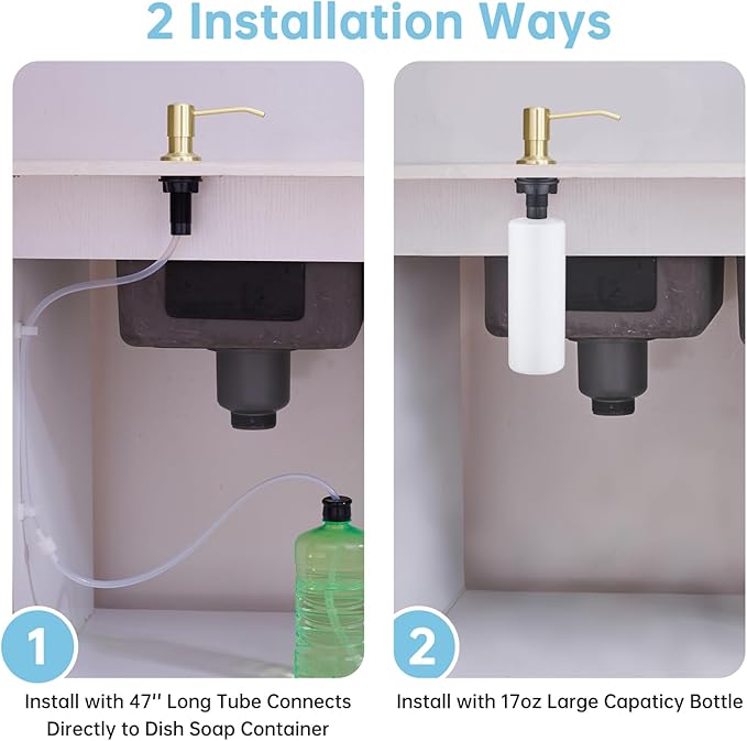 Built in Sink Soap Dispenser with 47'' Tube for Kitchen Sink Brushed Champagne Gold Stainless Steel Pump Head with 17 OZ Bottle