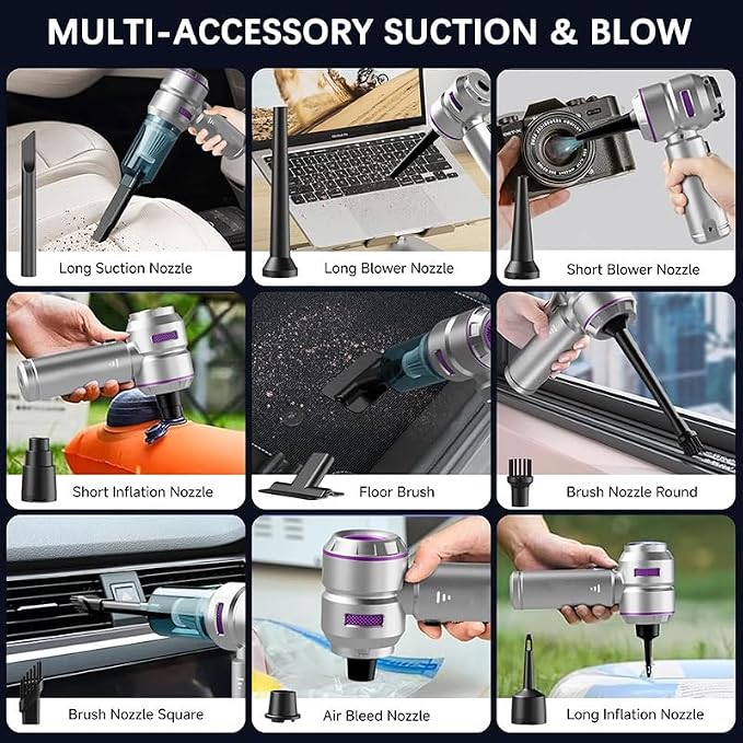 Handheld Vacuum Cordless, Car Vacuum Cleaner, Portable Mini Compressed Air Blower, Duster. Strong Suction Brushless Motor. 4-in-1 21000Pa Wireless Hand Vacuum, Type C Port, for Car, Home, Office.