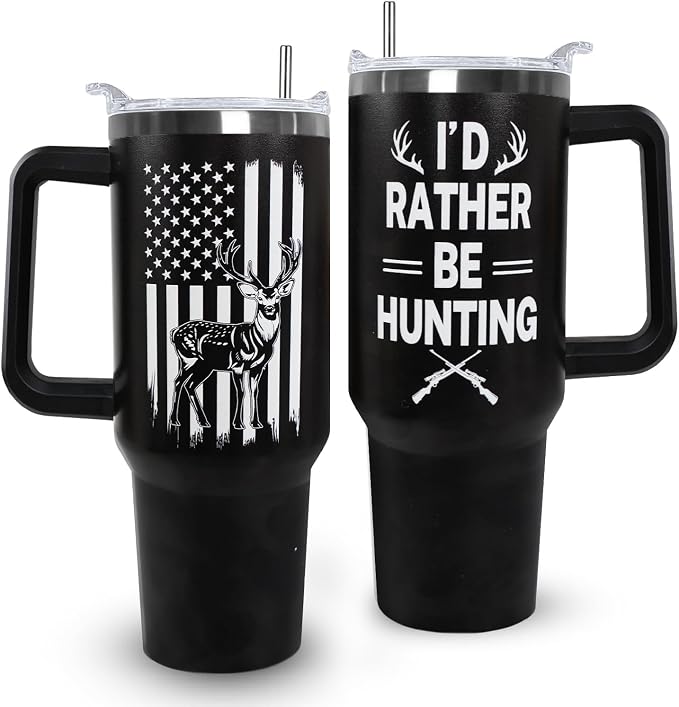 Ceovfoi Hunting Gifts for Men, 40 oz Deer Hunting American Flag Stainless Steel Tumbler with Handle Lid and Straw, Hunting Stuff Supplies Accessories