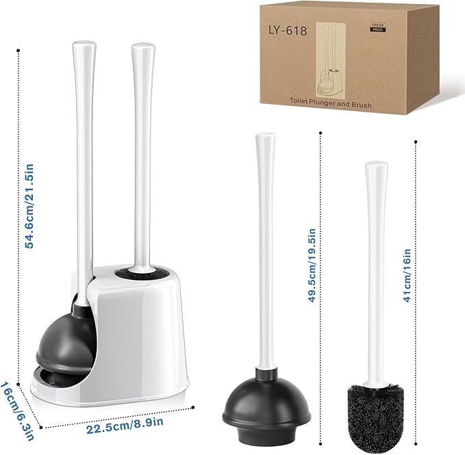 Toilet Plunger and Brush with Holder, Toilet Brush and Plunger Set for 5.3-inch Toilet Drain, 2-in-1 Bathroom Cleaning Combo with Caddy Stand(2 Pack, White)