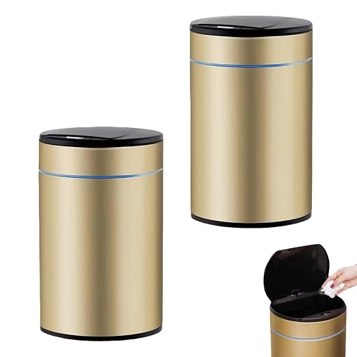Garbage Can with Lid, Intelligent Sensor Opening and Closing, Small Garbage Can for Living Room, Bedroom, Kitchen and Bathroom (2, Gold)