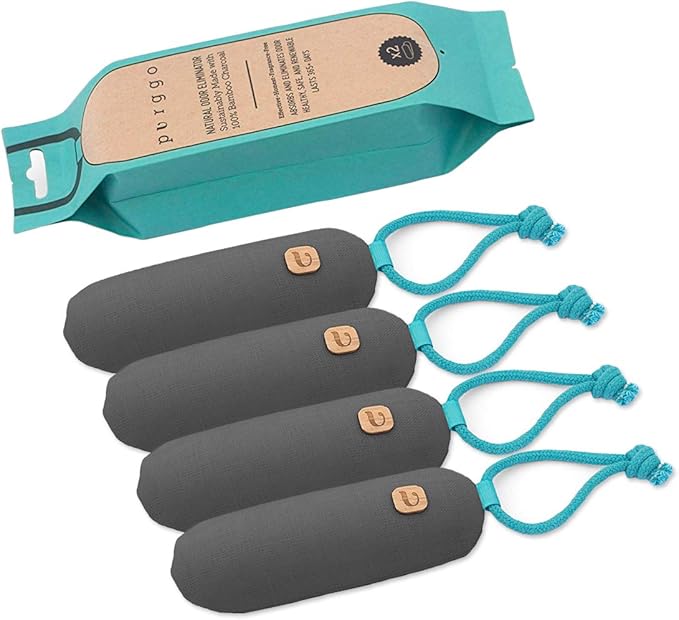 PURGGO Bamboo Charcoal Air Purifying Bag - Last 365+ Days - Shoe Deodorizer, Odor Eliminator - No Chemicals - Air Freshener for Shoes and Closet - Remove Odor Naturally - [4 Pack] [Gray]