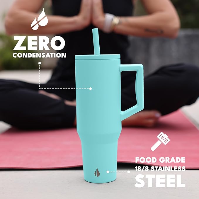 Elemental 40oz Tumbler with Handle and Straw - Spill Proof Insulated Stainless Steel Commuter for Cold Beverages - Travel Coffee Mug with 2 Straws & Spill Proof Lid - 40 oz - Robin's Egg