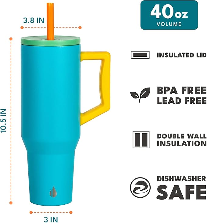 Elemental 40 oz Tumbler with Handle and Straw - Spill Proof Insulated Stainless Steel Commuter for Cold Beverages - Travel Coffee Mug with 2 Straws & Spill Proof Lid - 40oz- Blue Lagoon