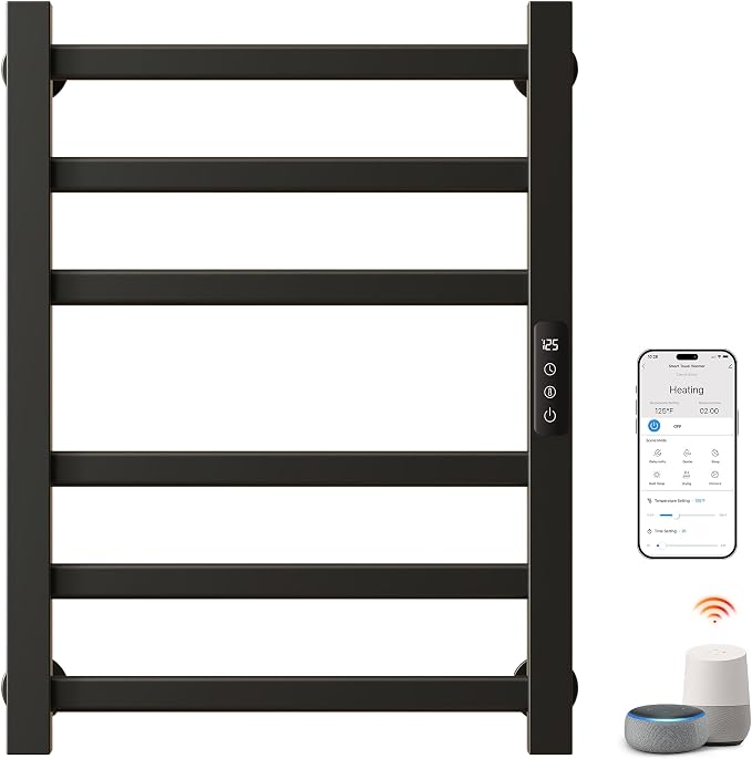 ENZE Smart Heated Towel Rack, 6-Bar Wall-Mounted Electric Towel Warmer 150W, Wi-Fi App Control & LED Touch Screen, Adjustable Temperature & 24H Timer, IPX5, Plug-in/Hardwired, Matte Black