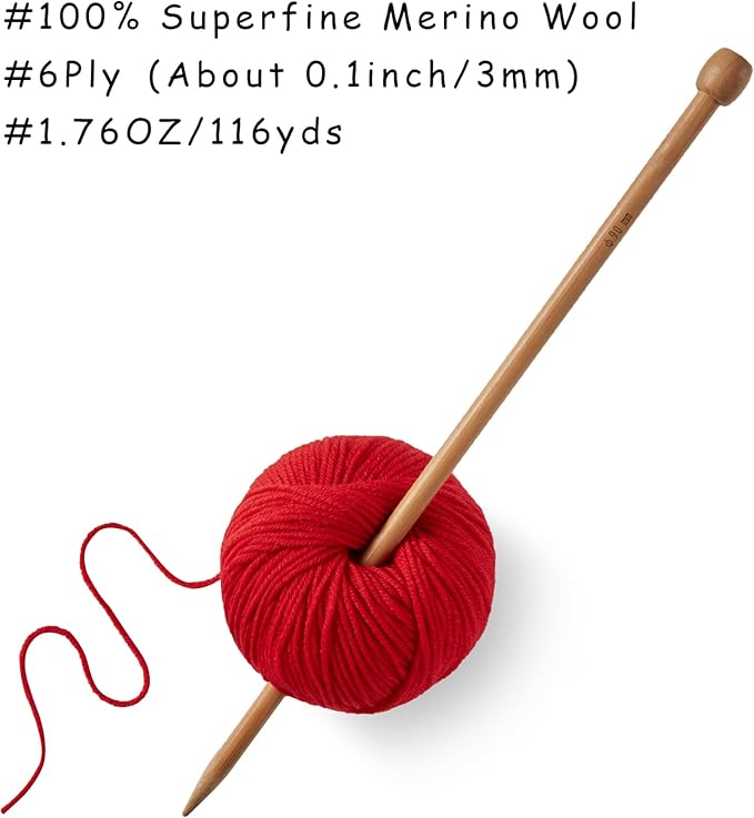 100% Merino Wool Yarn, 6-Ply Luxurious and Soft Yarn for Hand Knitting & Crocheting, 1.76 OZ/50g, 127 yds/116 Meters(Bright Red, 3 Balls)