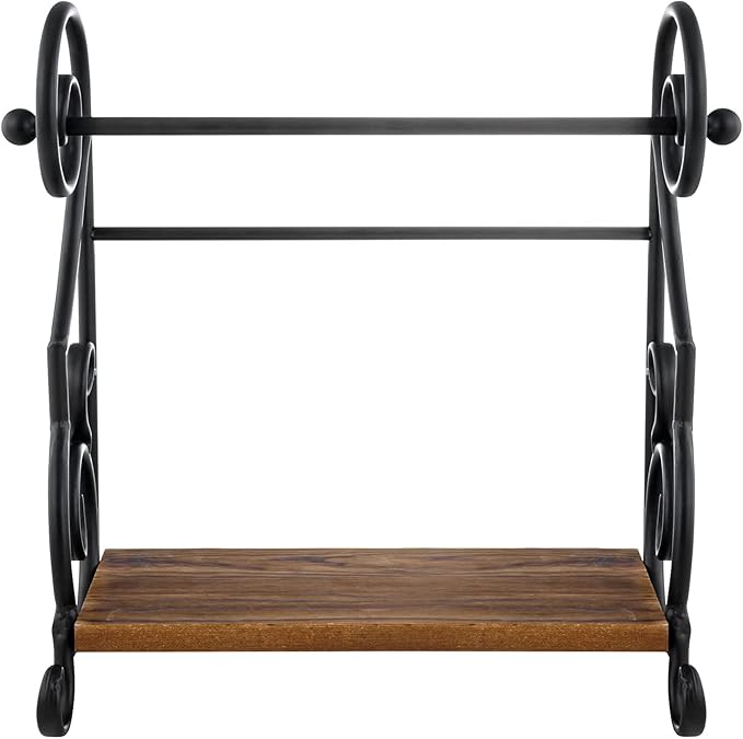 MyGift Black Metal Countertop Paper Towel Holder with Rustic Solid Burnt Wood Storage Shelf and Scrollwork Design, Easy Refill Single Roll Holder