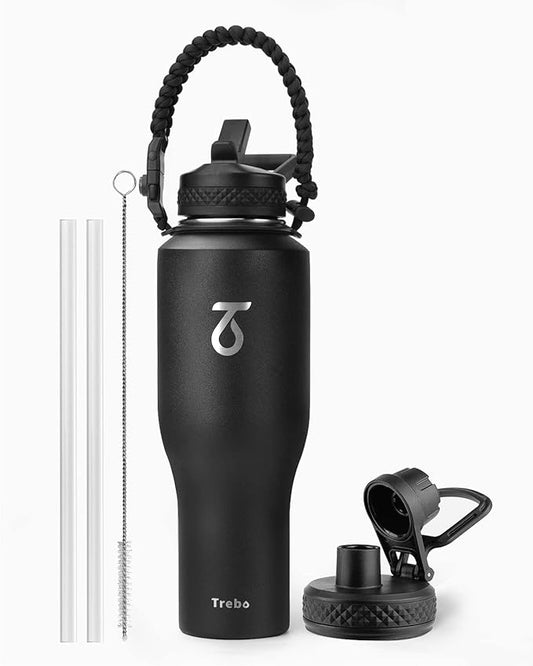 Trebo 40 oz Insulated Water Bottle that Fits in Car Cup Holder,Triple Wall Stainless Steel Water Bottles Insulated,LeakProof,Keep 48 hrs Cold & 24 hrs Hot,Metal Tumbler with Paracord Handle,Straw