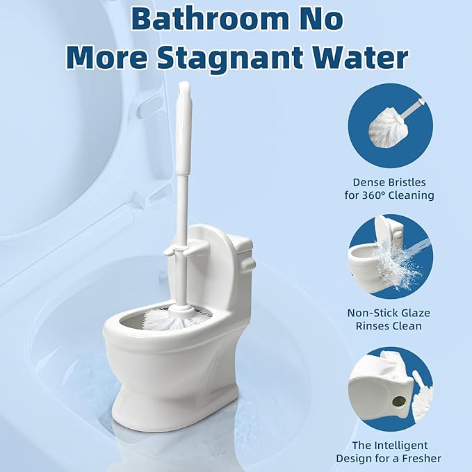 Novelty Toilet Brush Holder, Mini Toilet Shaped Ceramic Bathroom Decor with Self-Draining Base & Brush - Unique Funny Gift for Home, Office Desk Organizer (White)