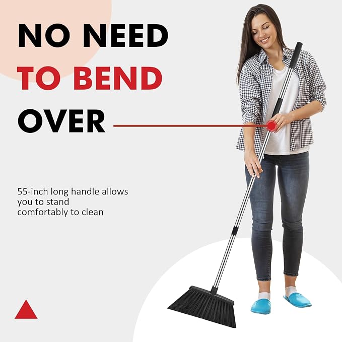 NACENA Heavy Duty Broom, 55 Inch Long Handle Outdoor Large Angle Brooms, Commercial Broom for Sweeping Indoor, for Home Garage Kitchen Office Courtyard Lobby Patio Lawn Concrete, 2 Pack, Black