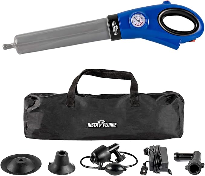 InstaPlunge Electric Plunger System - Unclog and Clear Toilet and Drain Blockage with a Push of a Button, Works in Seconds to Clear Toilets, Shower Drains, Bathroom/Kitchen Sink (Blue/Grey)
