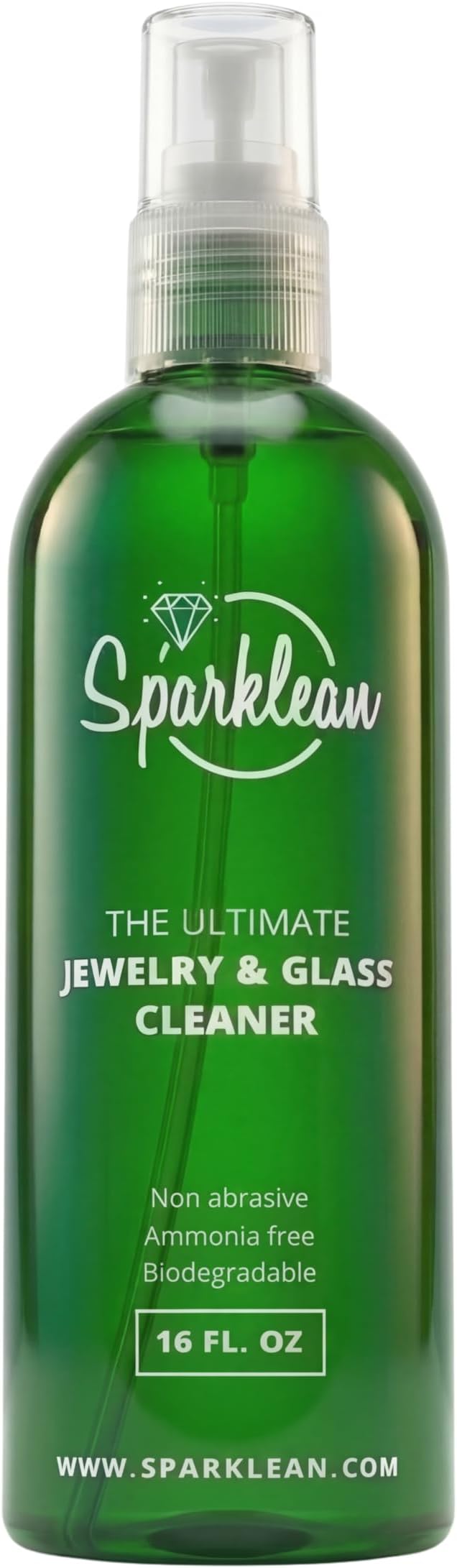 SPARKLEAN Jewelry Cleaner Spray 16oz · Family + Shared Household Size · Safe on Gold, Silver, Diamond, Pearl · Anti-Fog Eyeglass + Lens Spray · Ammonia-Free pH-Balanced · Made in USA Since 2000