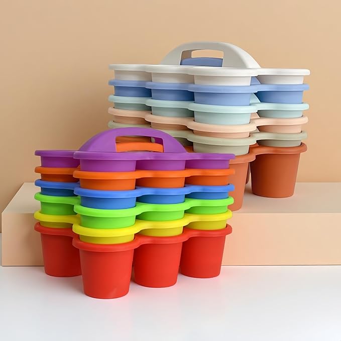 RAUVOLFIA 6 Pack Classroom Caddy Storage Basket with Handle, Plastic Drink Cup Caddy Holder, 6 Compartments for Kids, Table, Office, Arts, Crafts, Crayon, Marker, Pencil, School Supplies (Rainbow)