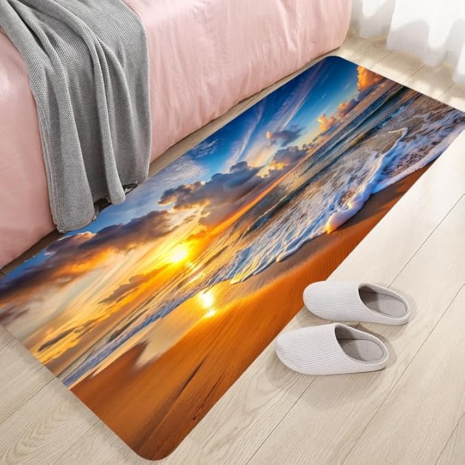 WODEJIA Non Slip Bath Rugs Sponge Foam for Bathroom,Flannel Mat Rug for Living Room, Absorbent Water Clearance MatS for Forlaundry Room and Kitchen, Sunset Beach Decor Welcome Mat 47x18 Inches