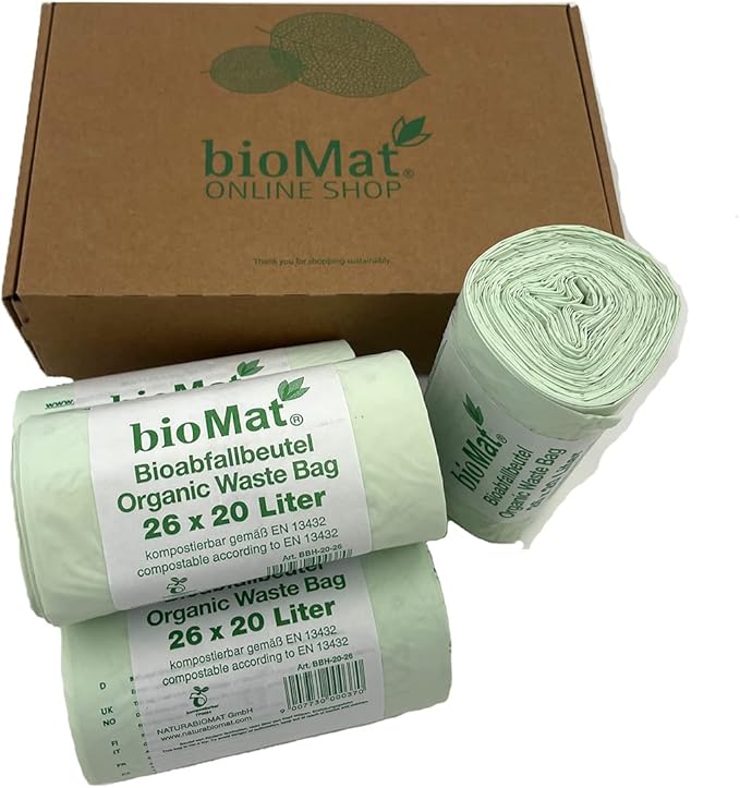 bioMat Compostable Trash Bags 4 Gallon, 100 Count, Small flat top Kitchen Food Scrap Bin Liners, BPI, CMA and OK Compost HOME certified, Meets the ASTM D6400 Standard