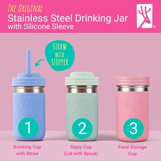 Elk and Friends 14oz Stainless Steel Kids + Toddler Drinking Cups | The Original Mason Jar with Sleeves + Lids | Silicone Straws | Smoothies | Storage Jar | Spill Resistant | Dishwasher Safe | 2 Pack