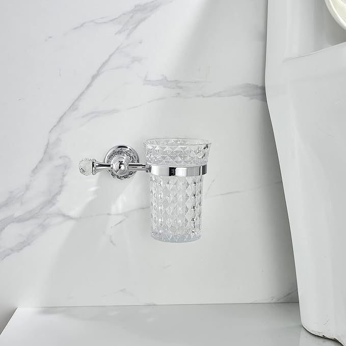 WOLIBEER Crystal Toilet Brush Holder, Chrome Toilet Cup Set with Polished Silver Brush Handle Wall Mounted for Bathroom - Decorative Design,Space Saving.