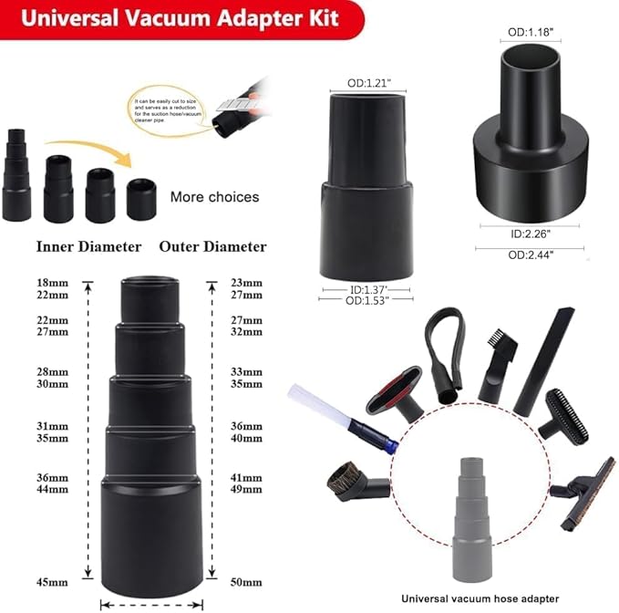 12 Pcs Vacuum Attachments Kit, Universal 2 1/2" 1 7/8" 1 3/8" to 1 1/4" Hose Adapters & Brushes & Wand Compatible with Shop Vac Accessories for Household Workshop Garage Cleaning