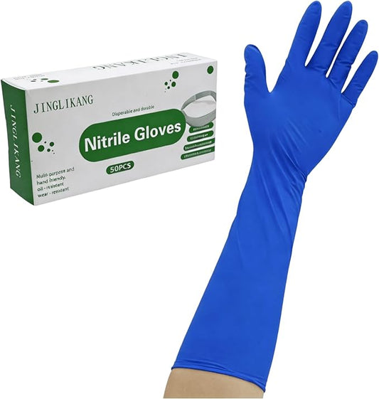 16 inch Nitrile Disposable Gloves Long Sleeved Blue 6Mil Durable Waterproof Latex Free Cleaning Dishwashing 50PCS