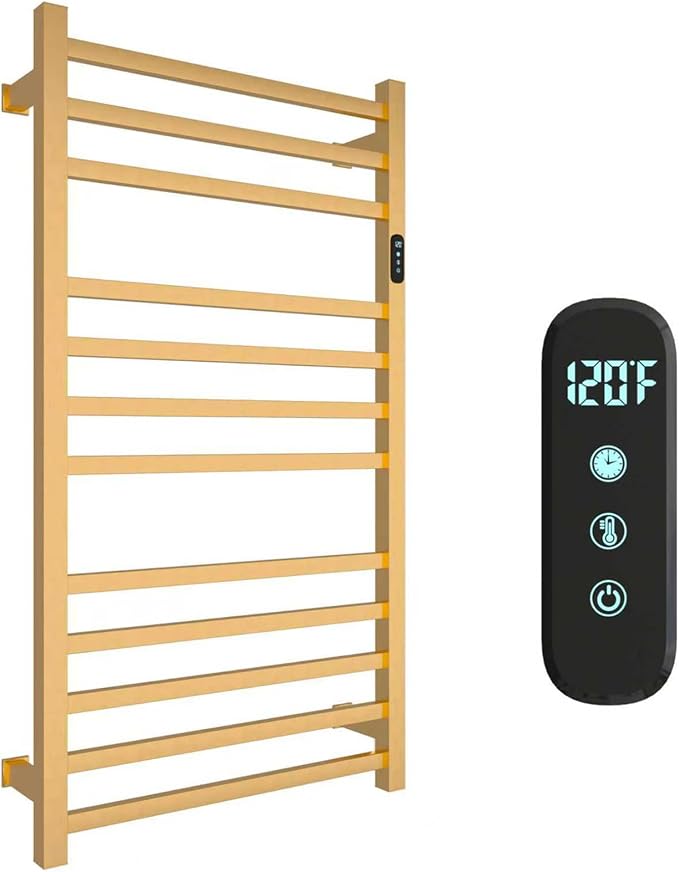 Luxury Heated Towel Rack for Bathroom, Wall Mounted Electric Towel Warmer Racks with Timer & Temperature Multi-Level Adjustable, 12 Bar Stainless Steel Towel Heater for Bathroom (Brushed Gold)