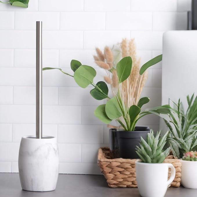 Clasin Home Toilet Bowl Brush and Holder with Stainless Steel Long Handle, Toilet Scrubber Brush with Durable Base, 360° Deep Cleaning Bristles for Bathroom, Compact Set for Small Space (White)