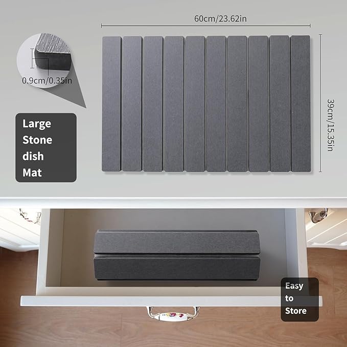 Large Diatomaceous Earth Dish Drying Mat, 24"x16" Stone Dish Drying Mats Kitchen | Ultra Fast-Absorbing, Foldable & Eco-Friendly Dishes Drying Pad for Kitchen Countertop, Cups, Utensils(Grey)