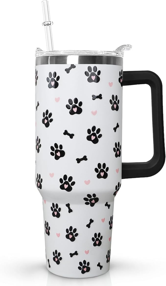 40oz Dog Paw Flip Tumbler with Handle & Straw, Vacuum Insulated Stainless Steel Flip Top Water Bottle, Cute Dog Paw Print Travel Mug, Dog Lover Gifts for Women, Pet Themed Tumbler for Car Cup Holder