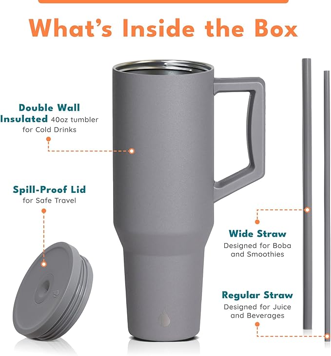 Elemental 40 oz Tumbler with Handle and Straw - Spill Proof Insulated Stainless Steel Commuter for Cold Beverages - Travel Coffee Mug with 2 Straws & Spill Proof Lid - 40oz - Graphite