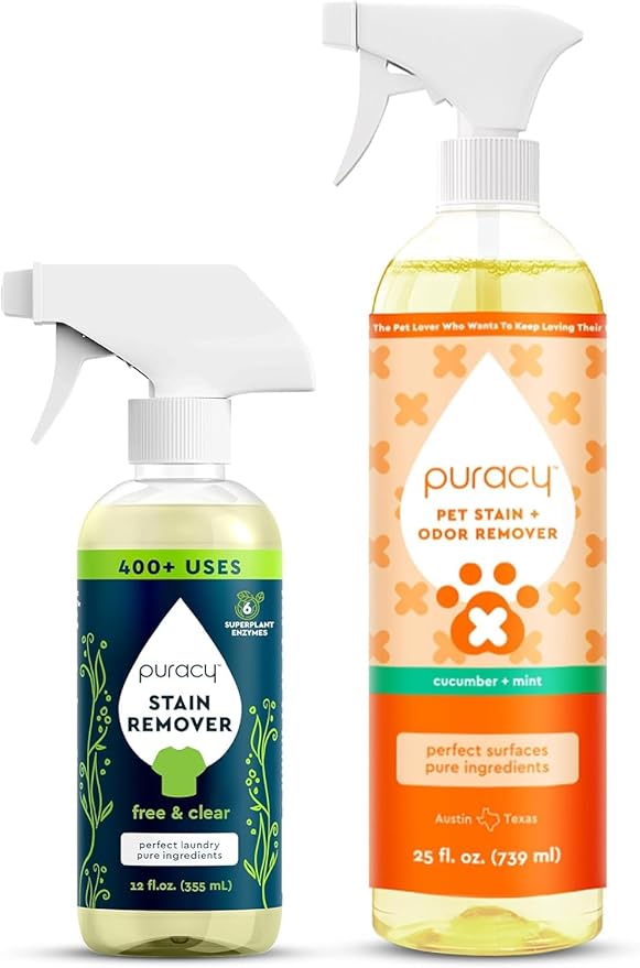 Puracy Pet Stain and Odor Remover and Stain Remover Spray Bundle - Enzyme Cleaner for Dog Urine and Poop Carpet (Cucumber & Mint, 25oz) Travel Laundry Stain Cleaner for Clothes (Free & Clear, 12oz)