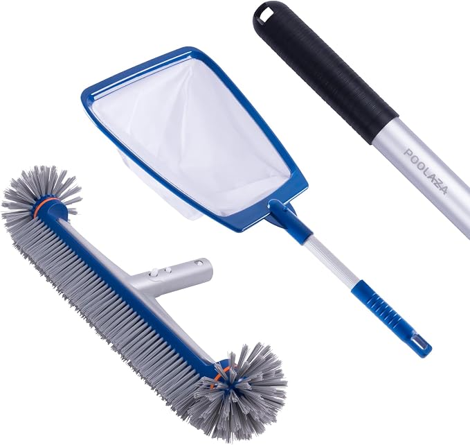 POOLAZA Aluminum Pool Brush, Handheld Pool Skimmer & Pole