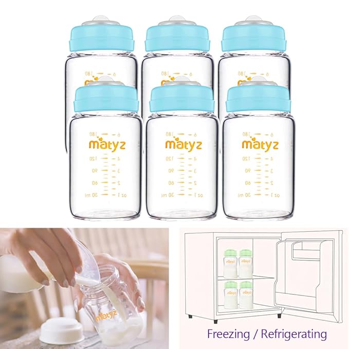 Matyz Glass Breastmilk Storage Bottles, 6 Pack, 6 oz, Compatible with Spectra Medela Breast Pump - Freezer Safe Storage Bottles Set - Wide Mouth Breastmilk Storage Containers - No BPA (Blue Lids)