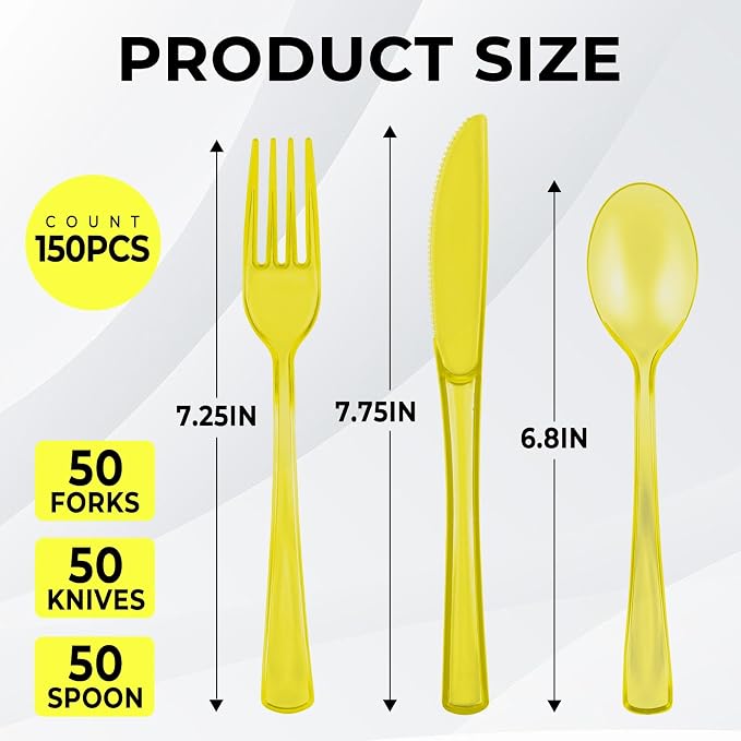 150 PCS Plastic Silverware Disposable Silverware Heavy Duty Utensil Sets 50 Of Each Forks Knives & Spoons Disposable Cutlery Set For Easter,Birthday,Baby Shower,Garden Party,Wedding(150,Yellow)