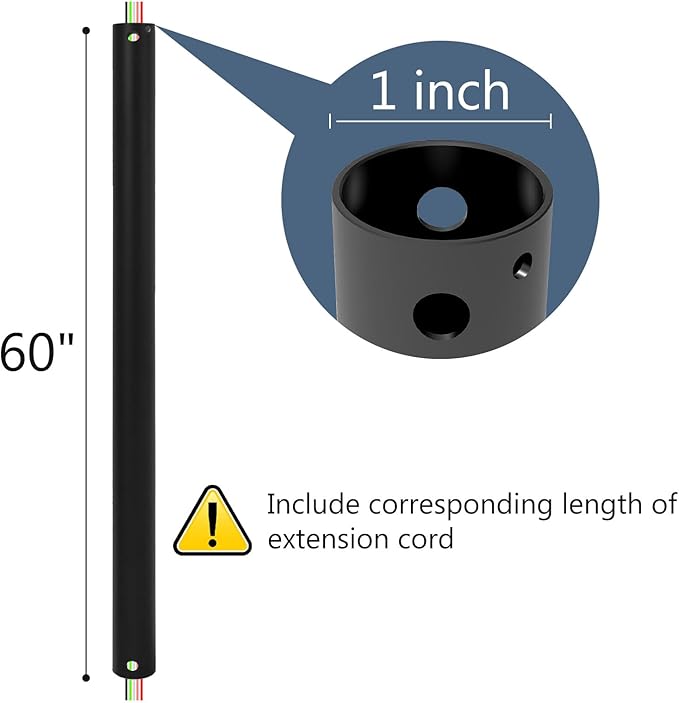 60 INCH Ceiling Fan Downrod With Extended Wires,1 inch Outside Diameter, Extension Rod Only Ceiling Fans Compatible, Not Threaded(Black)