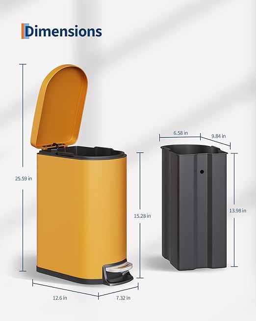 Garvee 2.6 gal / 10 L Metal Bathroom Trash Can with Lid, Slim Waterproof Garbage Can for Bedroom, Small Step-on Trash Bin with Inner Bucket, Rear Handle, Soft Close Lid, Yellow