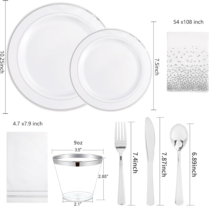 GATHER 175 Pieces Silver Plates - Disposable Silver Plastic Plates Includes 50 Plates, 75 Silverware, 25 Napkins, 25 Silver Rimmed Cups Perfect for Party & Weding