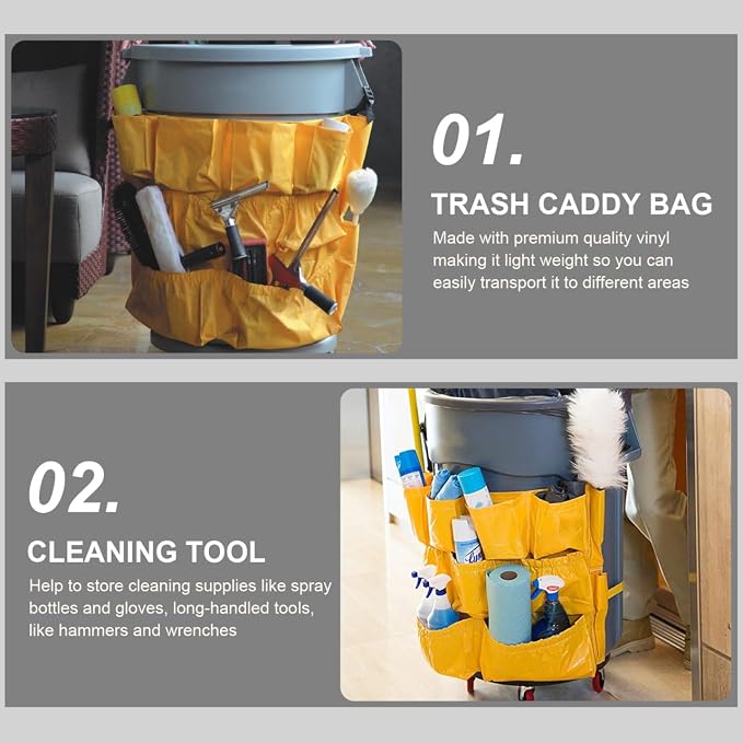 ULTECHNOVO Janitorial Trash Can Caddy Bag, 12-Pocket Vinyl Organizer for 32-44 Gallon Round Waste Containers, Heavy Duty Housekeeping Cleaning Supply Bag for Brute Bins, Orange