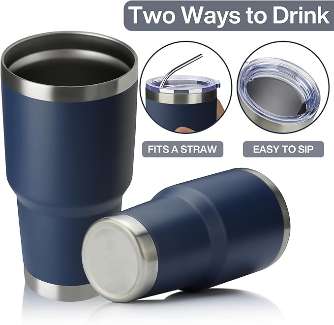 MEWAY 30oz Insulated Tumbler With Lids and Straws,Stainless Steel Double Vacuum Coffee Tumbler Cup, Brush, Durable Powder Coated Coffee Cup for Cold & Hot Drinks, Office, Travel(Navy,4 PACK)