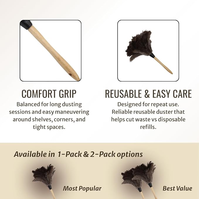 Ostrich Feather Duster with Wooden Handle 14" – Natural Reusable Feather Duster for Cleaning, Furniture & Shelves, Blinds, Ceiling Fan, Dusting Tool for Home, Office, Delicate Surfaces - 2 Pack
