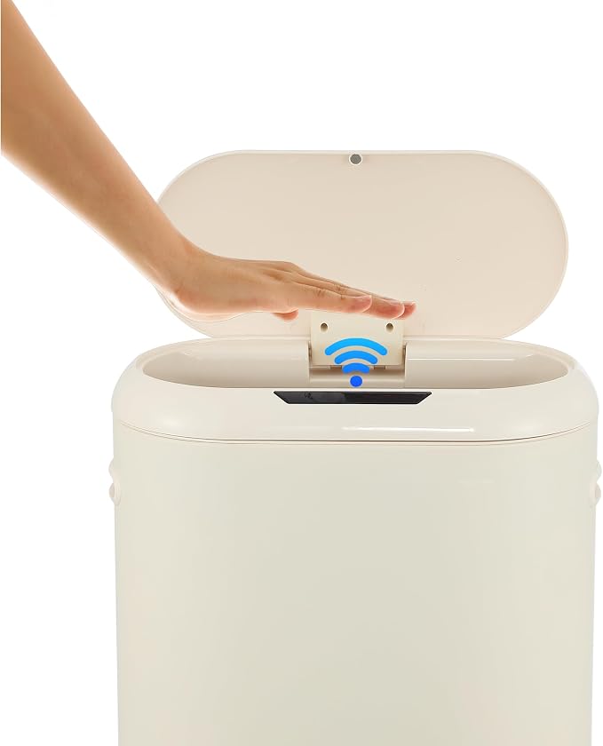 happimess HPM1016D Robo Kitchen 13.2-Gallon Slim Oval Motion Sensor Touchless Trash Can with Touch Mode, Fingerprint Resistant, Modern, Minimalistic for Kitchen, Office, Bathroom, Limestone Beige