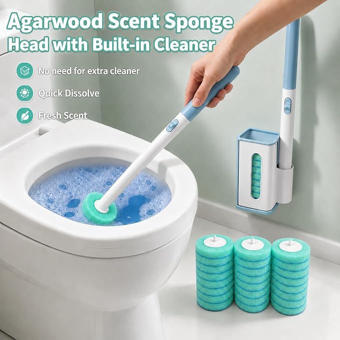 Disposable Toilet Brush with Wall Mounted Holder, 24 Toilet Wand Refills | Touch-Free Brush with One-Button Release, Bathroom Cleaning Set for RV & Small Bathroom, Light Agarwood Scent