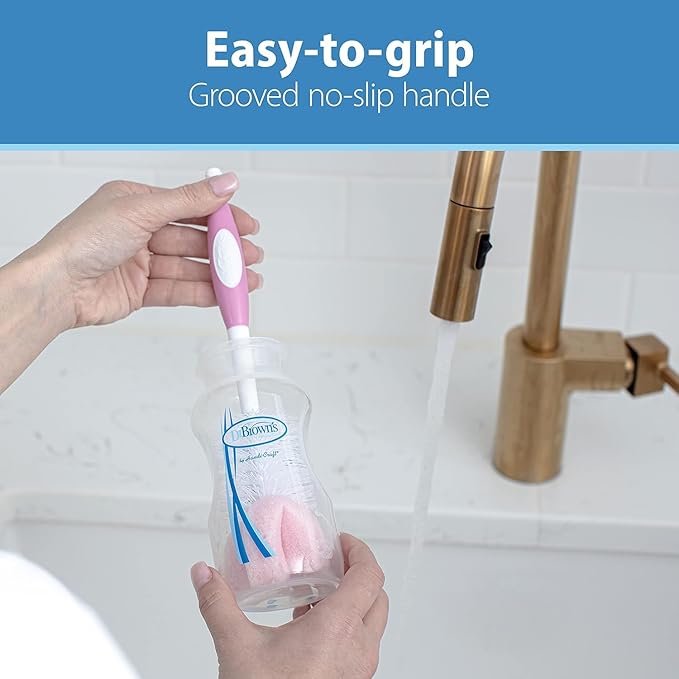 Dr. Brown's Baby Bottle Drying Tower, Stand-Up Drying Rack with Reusable Sponge Baby Bottle Cleaning Brush Set, 3-Pack, Pink