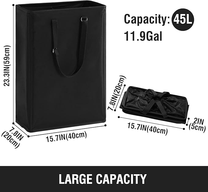 Slim Laundry Hamper with Adjustable Long Handles, 45L Small Laundry Baskets with Mesh Top, Narrow Dirty Clothes Hamper for Bedroom, Closet, and Bathroom - Black, 2 Packs