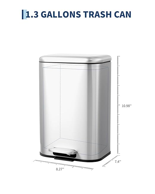 1.3 gal/5L Stainless Steel Kitchen Trash Can, Step-on Recycling Bin with Soft Close Lid, Removable Inner Bucket, Rectangular Wastebasket for Office Living Room, Silver