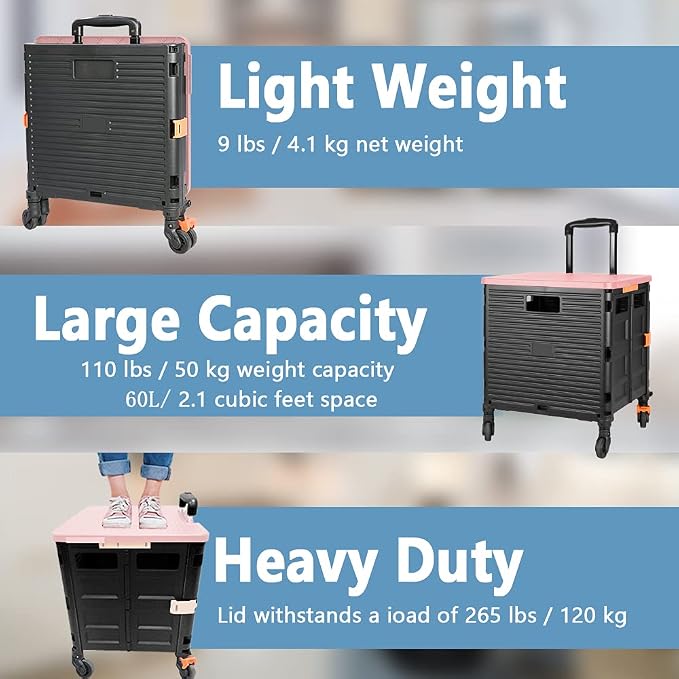 FELICON SELORSS Foldable Utility Cart Folding Portable Rolling Crate Handcart with Heavy Duty Telescoping Handle Collapsible 4 Rotate Wheels for Travel Shopping Move Luggage Office Use(Black+Pink)