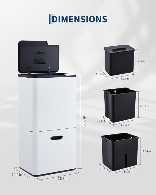 Garvee 16 Gal Dual Trash Can for Kitchen, 2 Compartment (33l + 28l) Garbage Can with Compost Bin, Stainless Steel Trash and Recycle Bin Combo with Removable Inner Bucket, Odor Control, White
