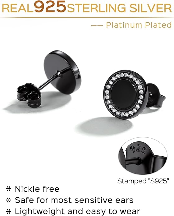 ChicSilver 925 Sterling Silver Viking Rune Natural Black Onyx Stud Earrings For Women Men