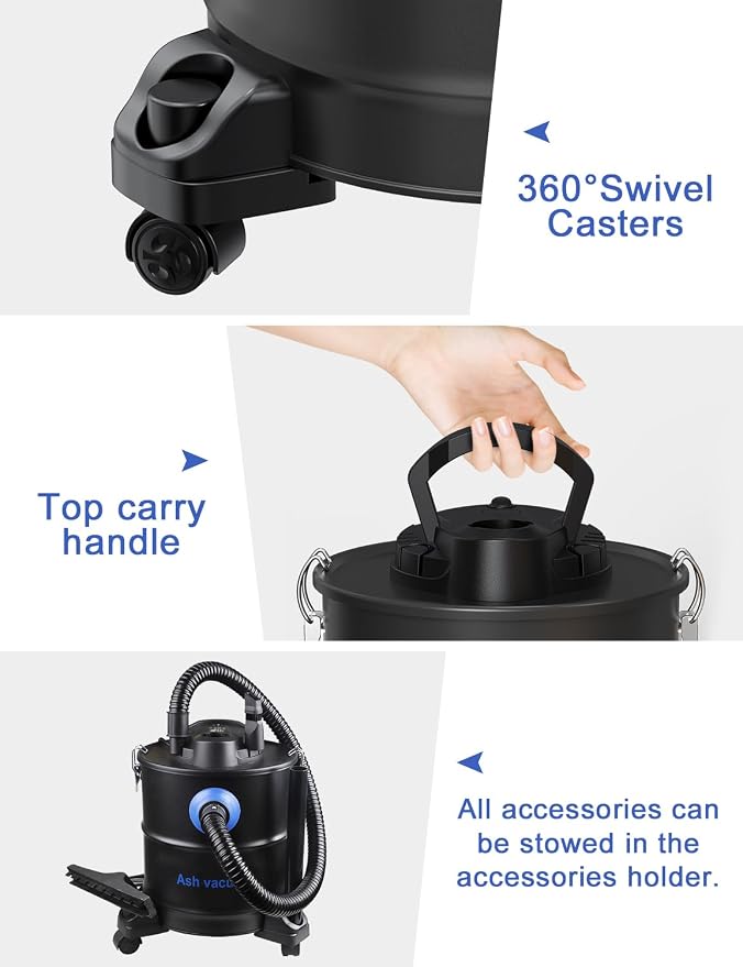 Ash Vacuum, Pellet Stove Vacuum Cleaner, 5.3 Gallon, 20kPa, 1200W Powerful Motor with Blower Function, On Wheels and HEPA Filter, The Ash Vacuum for Pellet Stoves & Wood Stoves