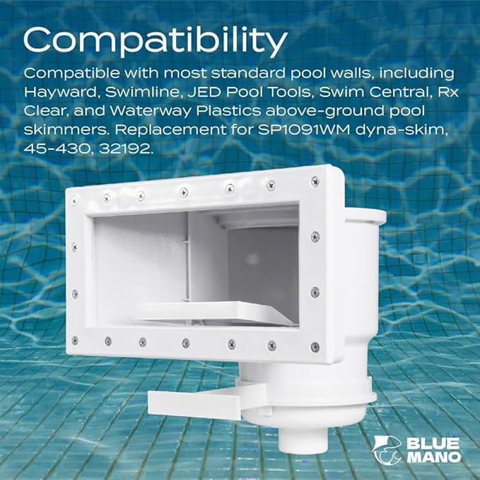 Blue Mano Wide Mouth Above Ground Pool Skimmer Complete Kit, Replacement for SP1091WM Dyna-Skim, 45-430, 32192, Opening Width 14" Fits for All Wide Standard Pool Wall
