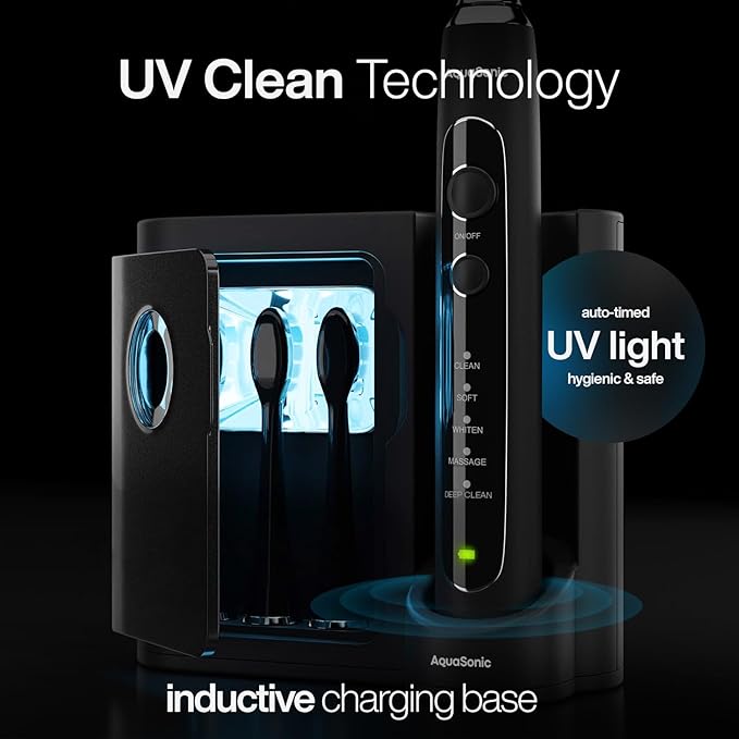 Aquasonic Black Series PRO UV – Ultra-Whitening Electric Toothbrush – 5 Modes & Smart Timers – UV Sanitizing Base, Premium Travel Case & 6 Proflex Brush Heads – ADA Accepted